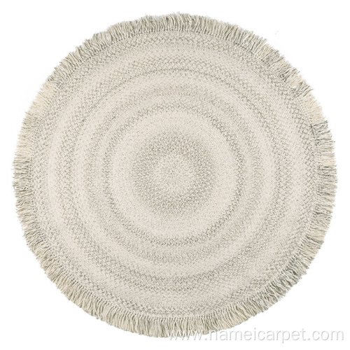 Beige Wool fendi round area rug with tassels